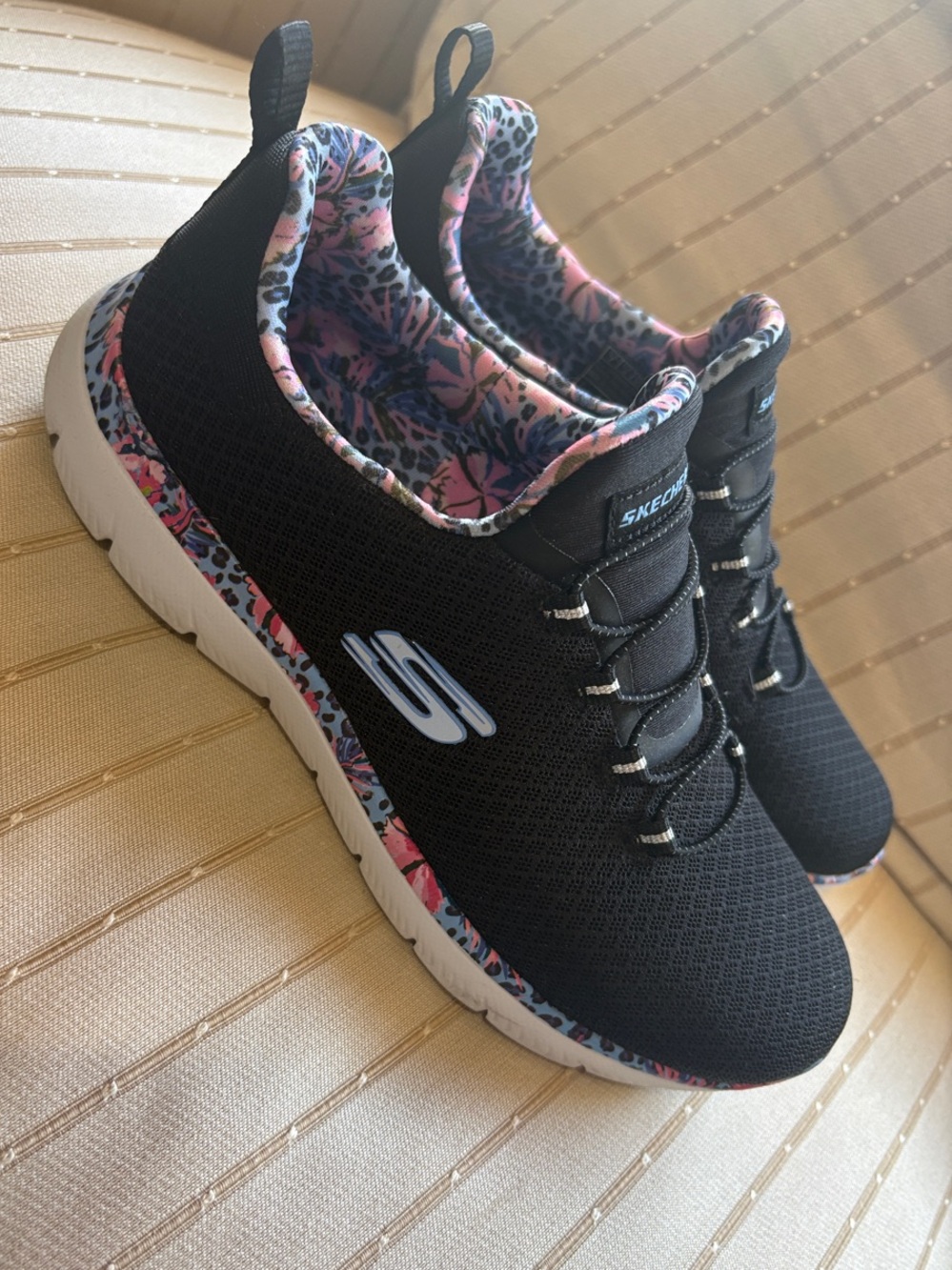 Skechers Black Slip-On Memory Foam Athletic Sneakers with Pink Floral Trim